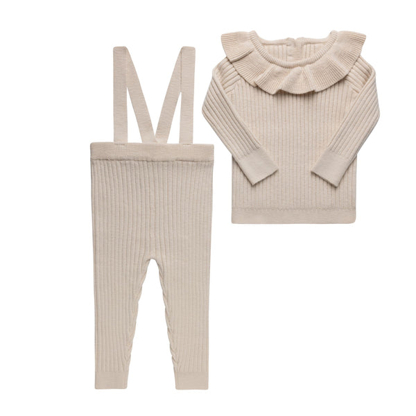 Oatmeal Ruffle Sweater Suspender Set