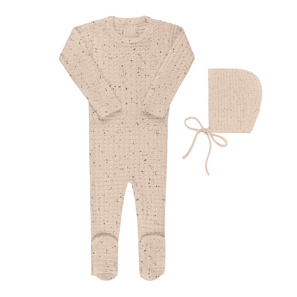 Boxed Knit Speckled Tan Footie & Bonnet Set