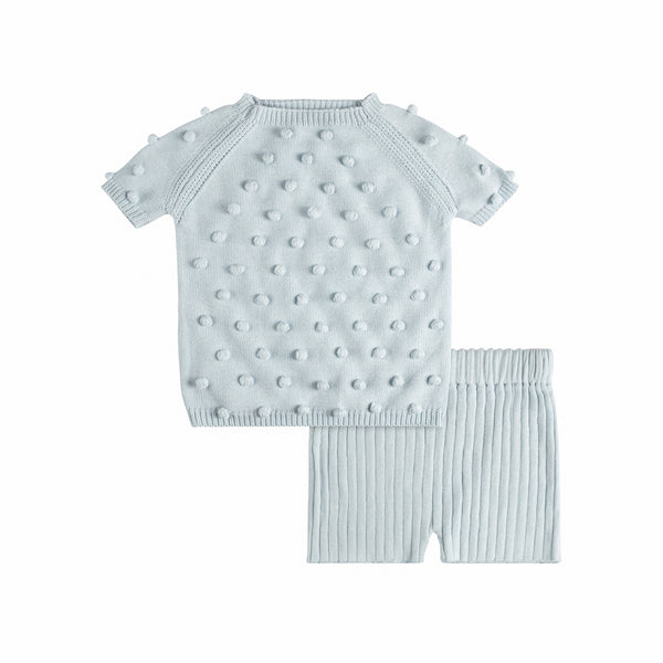 Handknit Short sleeve Popcorn Sweater & Shorts Set Sweet Sky